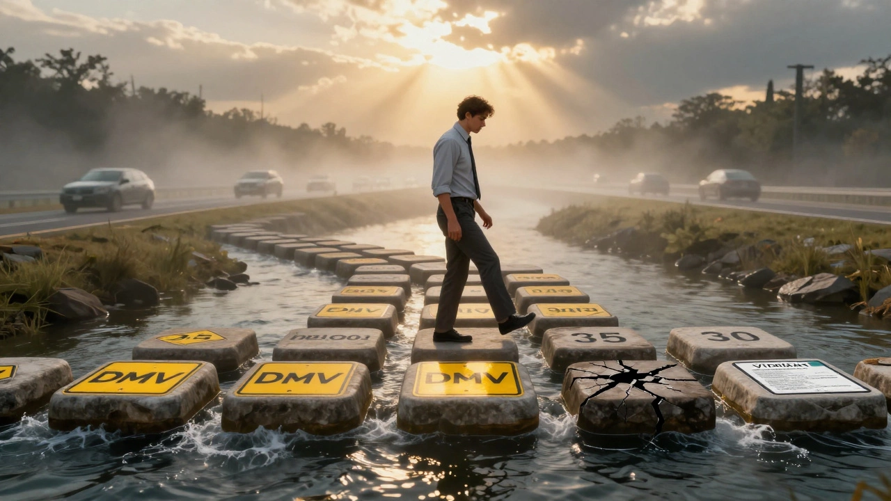 Symbolic path of 35 stones representing DMV test questions, 30 lit and stable, one person crossing safely.