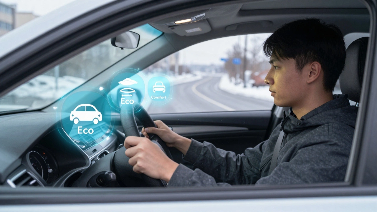 Young driver learning to adapt to different drive modes, with floating icons representing Eco, Comfort, Sport, and Snow modes.
