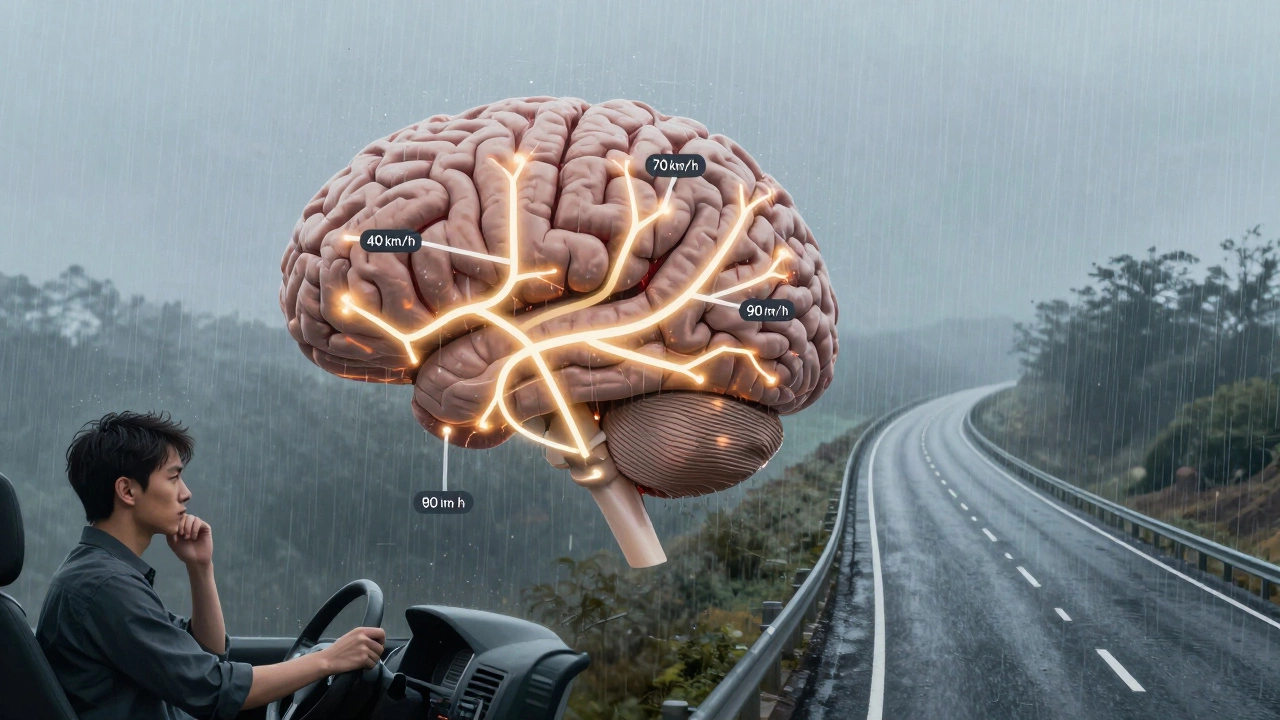 A brain with neural pathways activating as a driver adapts to different road speeds and conditions.