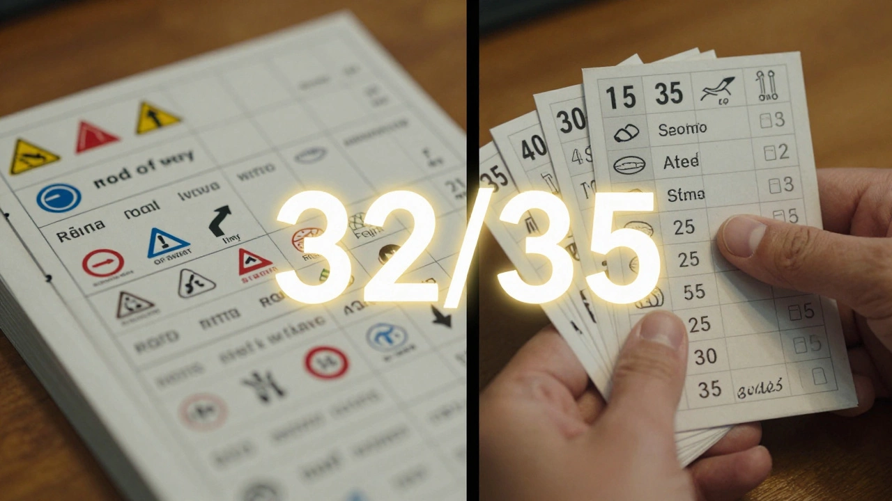 A selection of 35 questions randomly drawn from a pool of 500 official driving test questions.