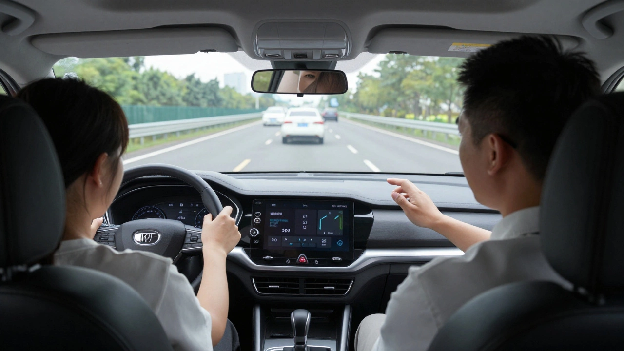 An instructor and student merging confidently onto a highway at 100 km/h during intensive training.