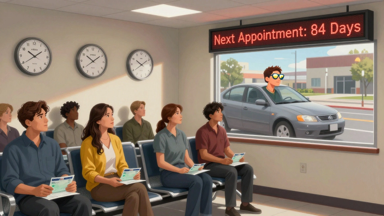 California DMV waiting room with applicants facing 12-week wait, driver outside performing blind-spot check in sunlight.