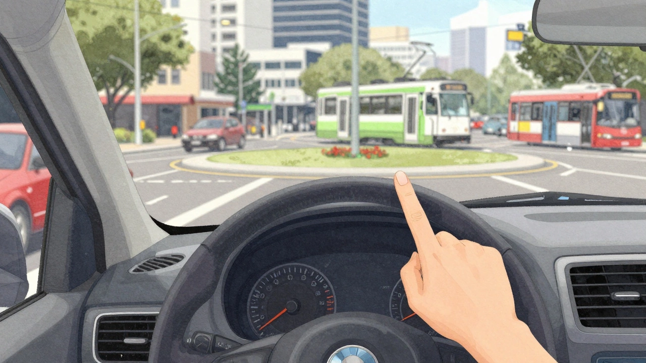 Car at a roundabout with unseen traffic from the left, driver failing to signal the turn.