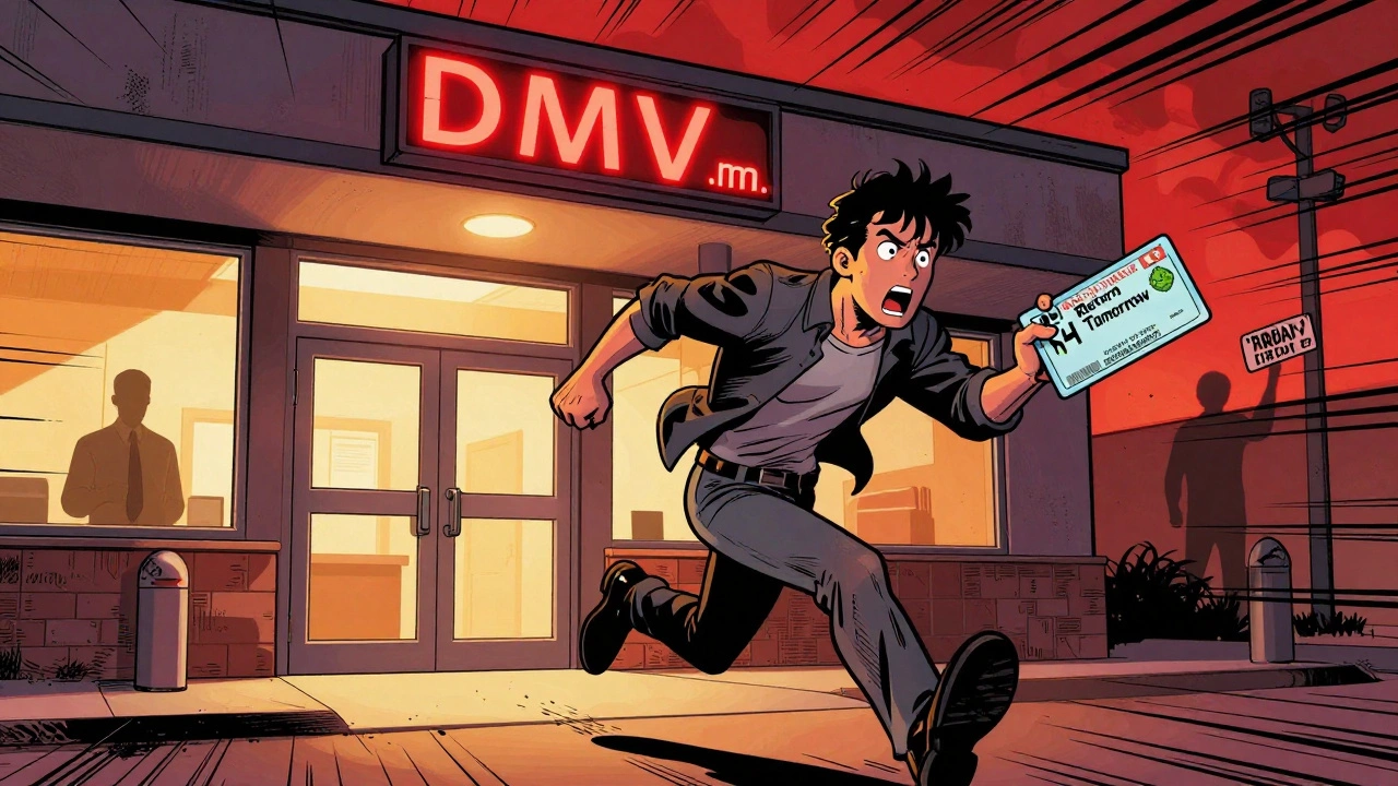 Comic-style person rushing into DMV as clock shows late afternoon, another person holding a 'Return Tomorrow' ticket.