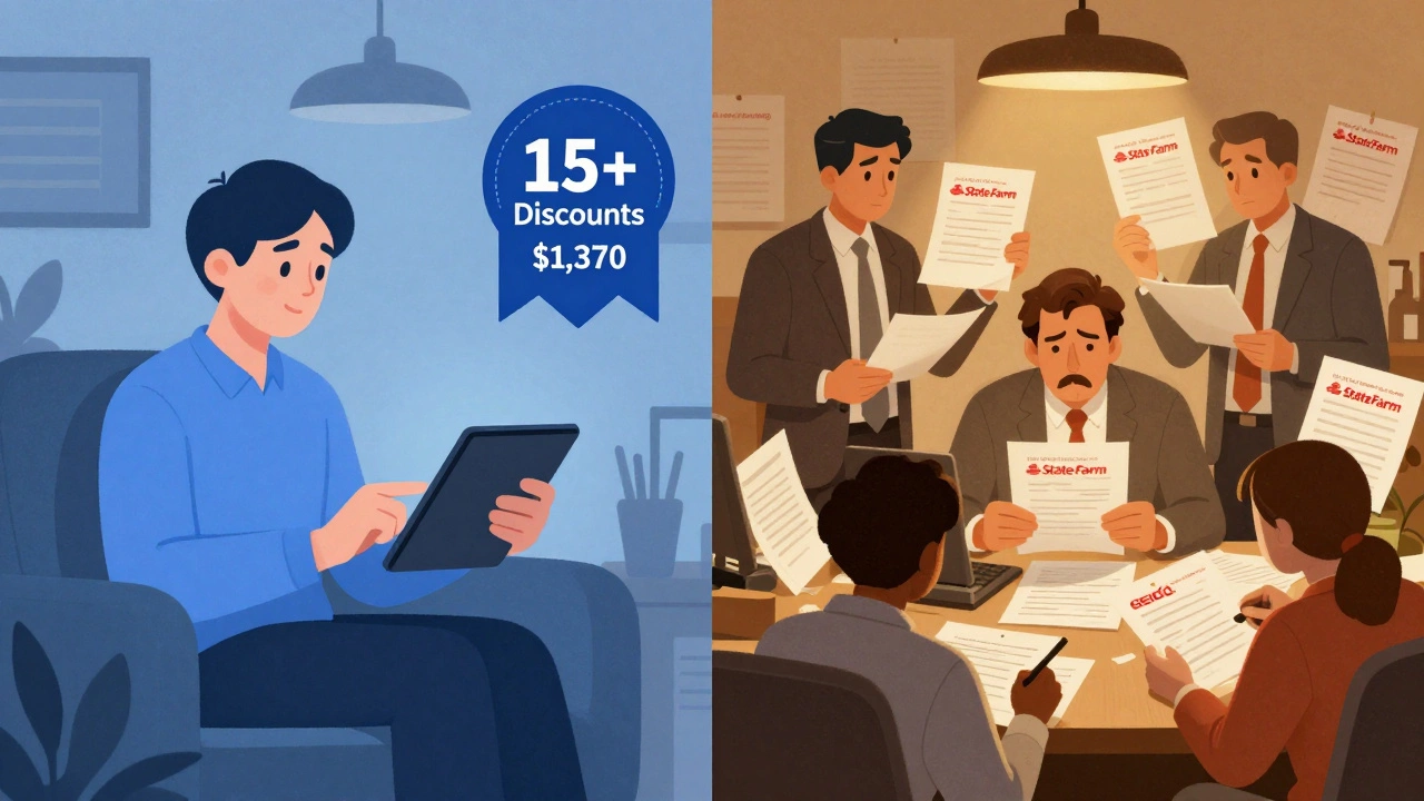 Comparison of efficient Geico service versus cluttered traditional insurance offices with price differences.