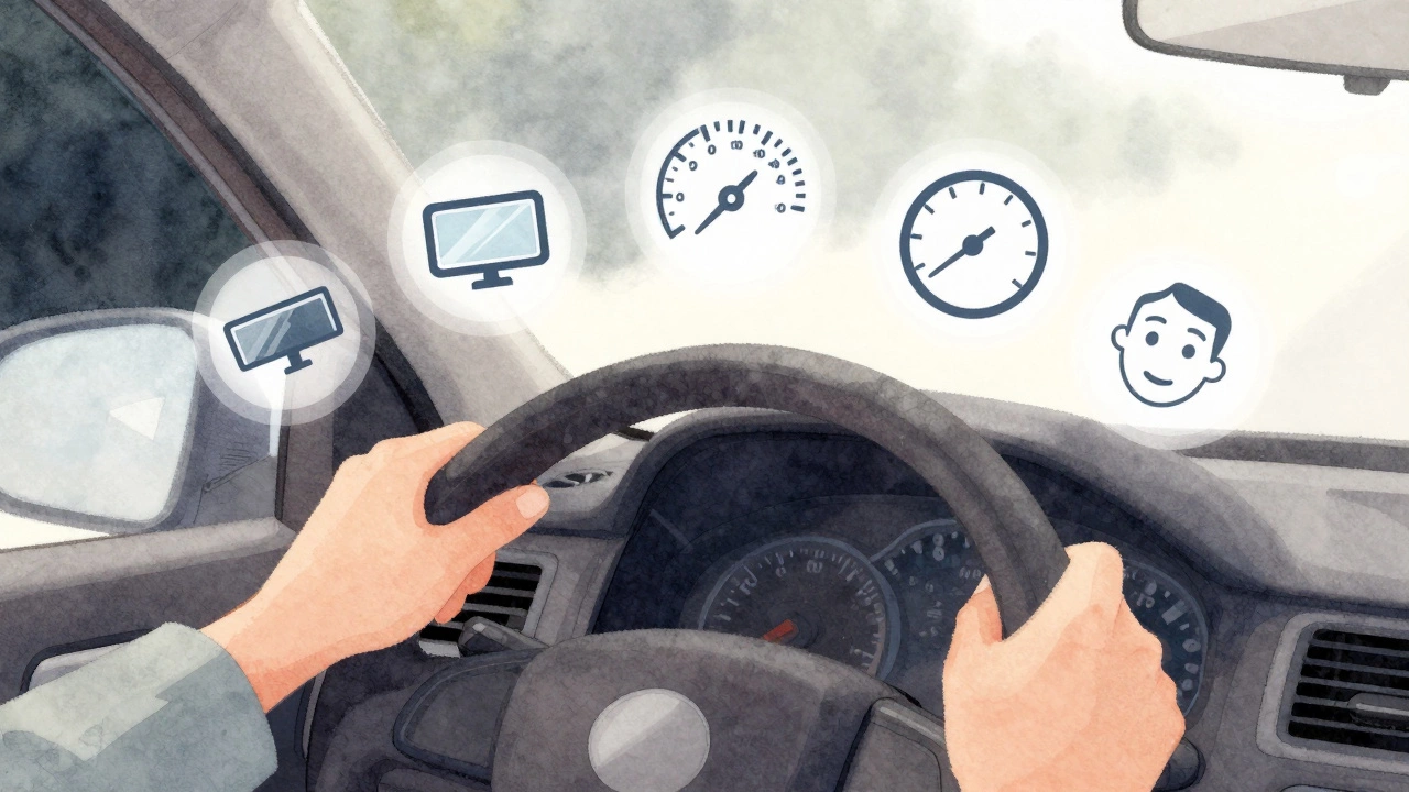 Floating driving skill icons around hands on steering wheel, symbolizing progress from fear to confidence.
