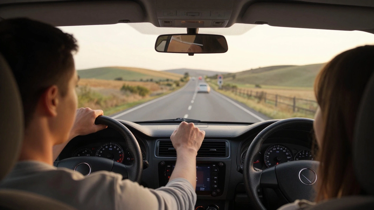 Learner driver calmly navigating quiet country road with roundabout ahead in golden light.