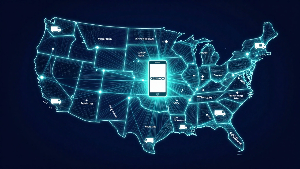 Map of the United States with glowing connections showing Geico's nationwide repair and claims network.