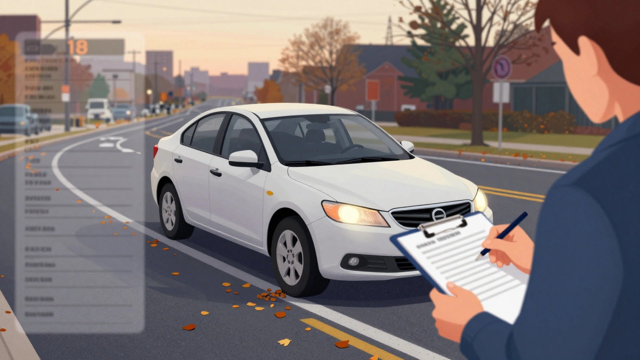Massachusetts driver's front tire touches curb during turn, examiner preparing to mark failure, quiet urban street.