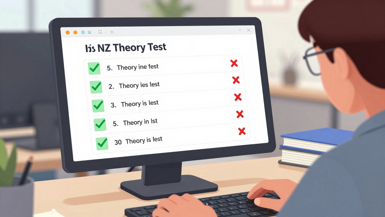 Person taking theory test with 30 correct answers out of 35 questions