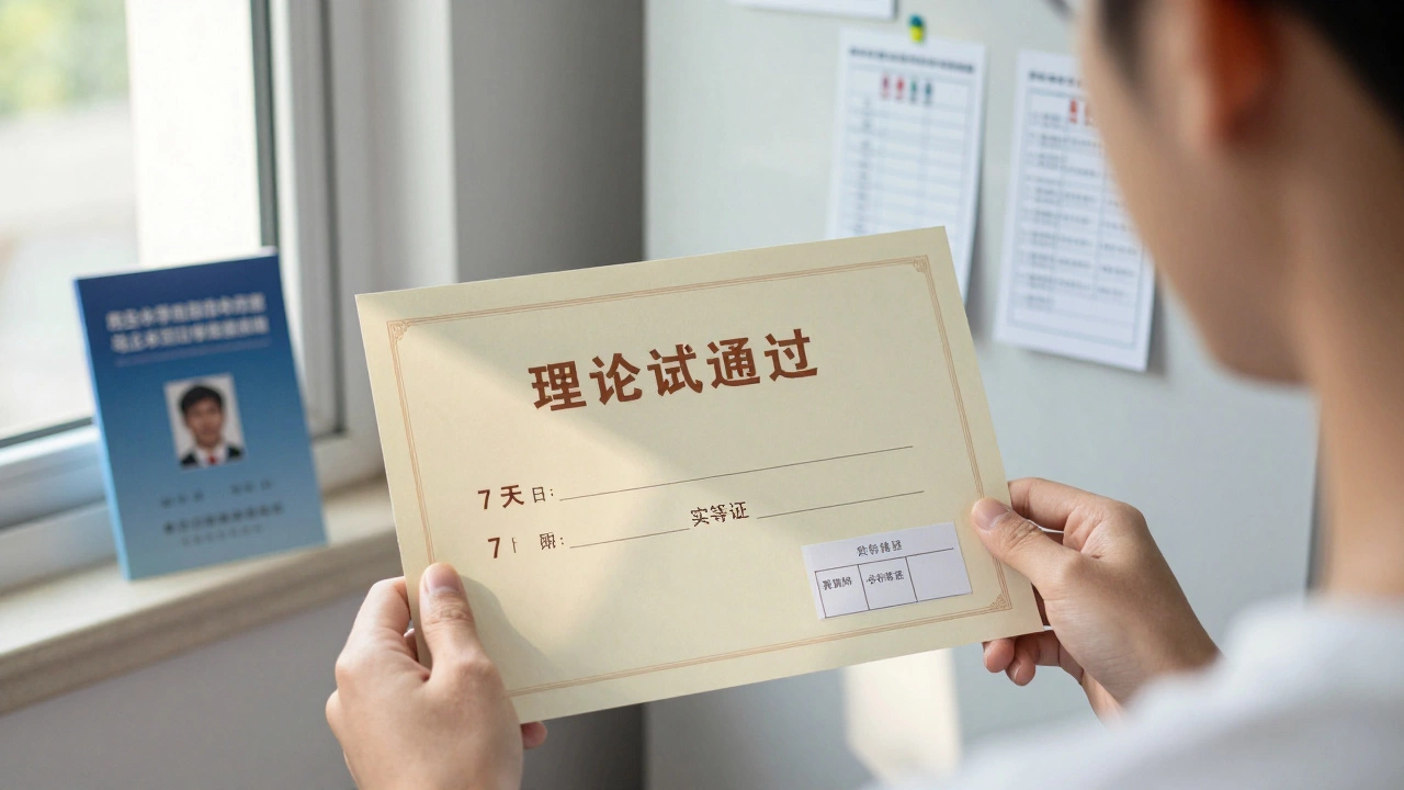 Someone holding a passed theory test certificate with a driver's guide and flashcards nearby.