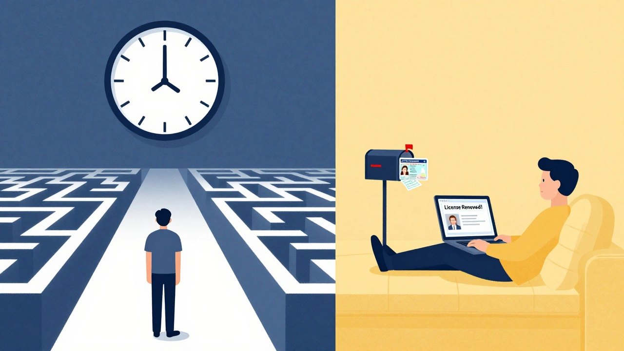 Split image: one side shows frustrating DMV wait, other side shows easy online renewal at home.