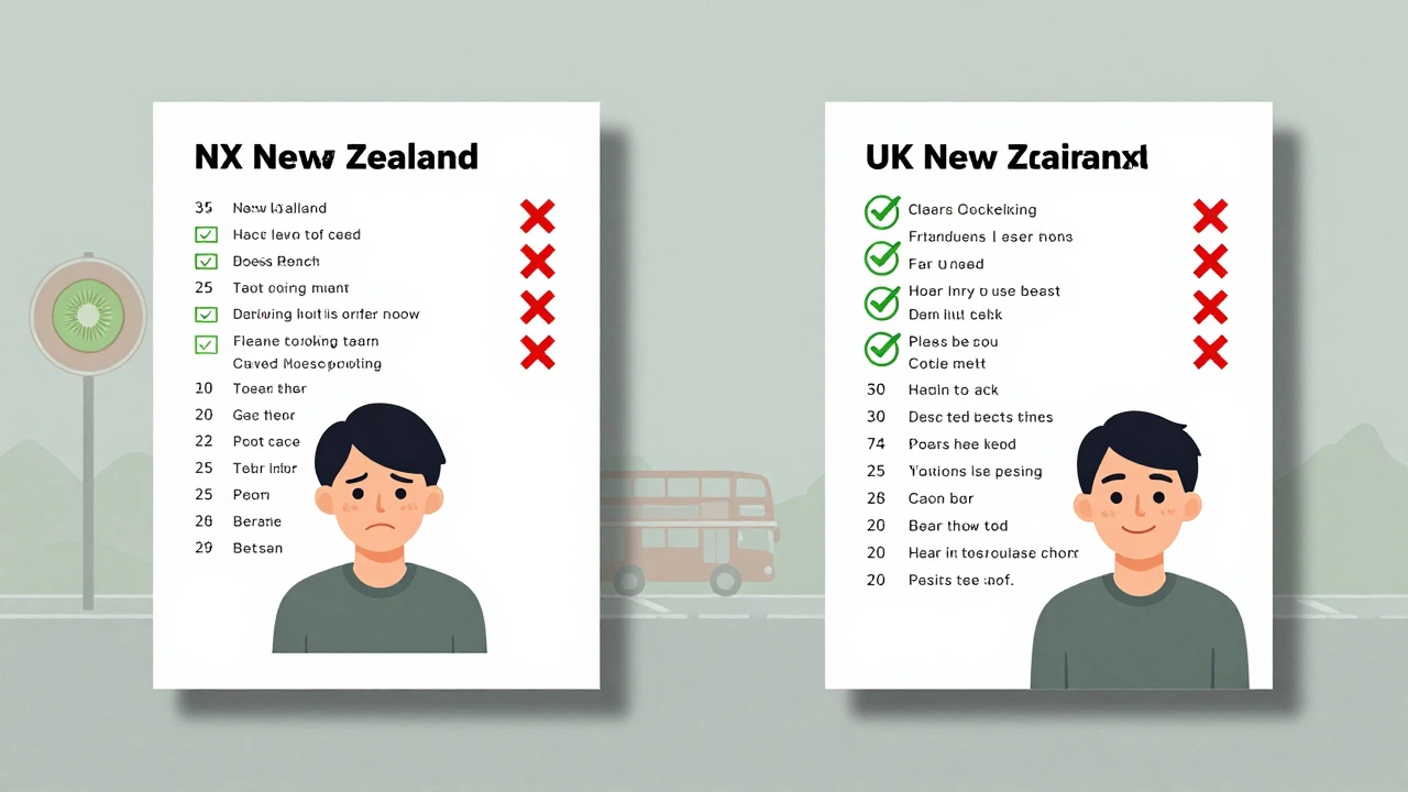 Split image showing NZ and UK driving test results comparison
