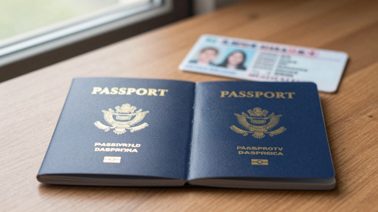 U.S. passport book and passport card side by side, with blurred REAL ID and driver’s license in background.