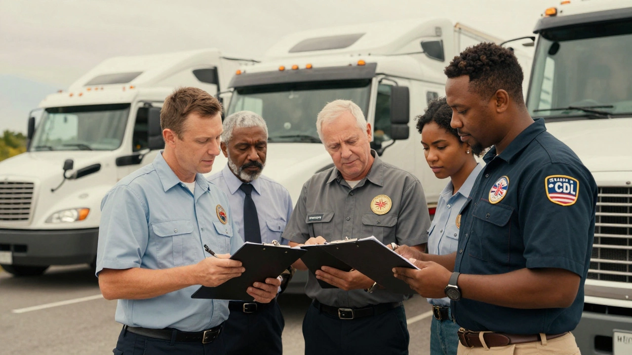 A British and American truck driver standing together beside their rigs, examining a logbook.