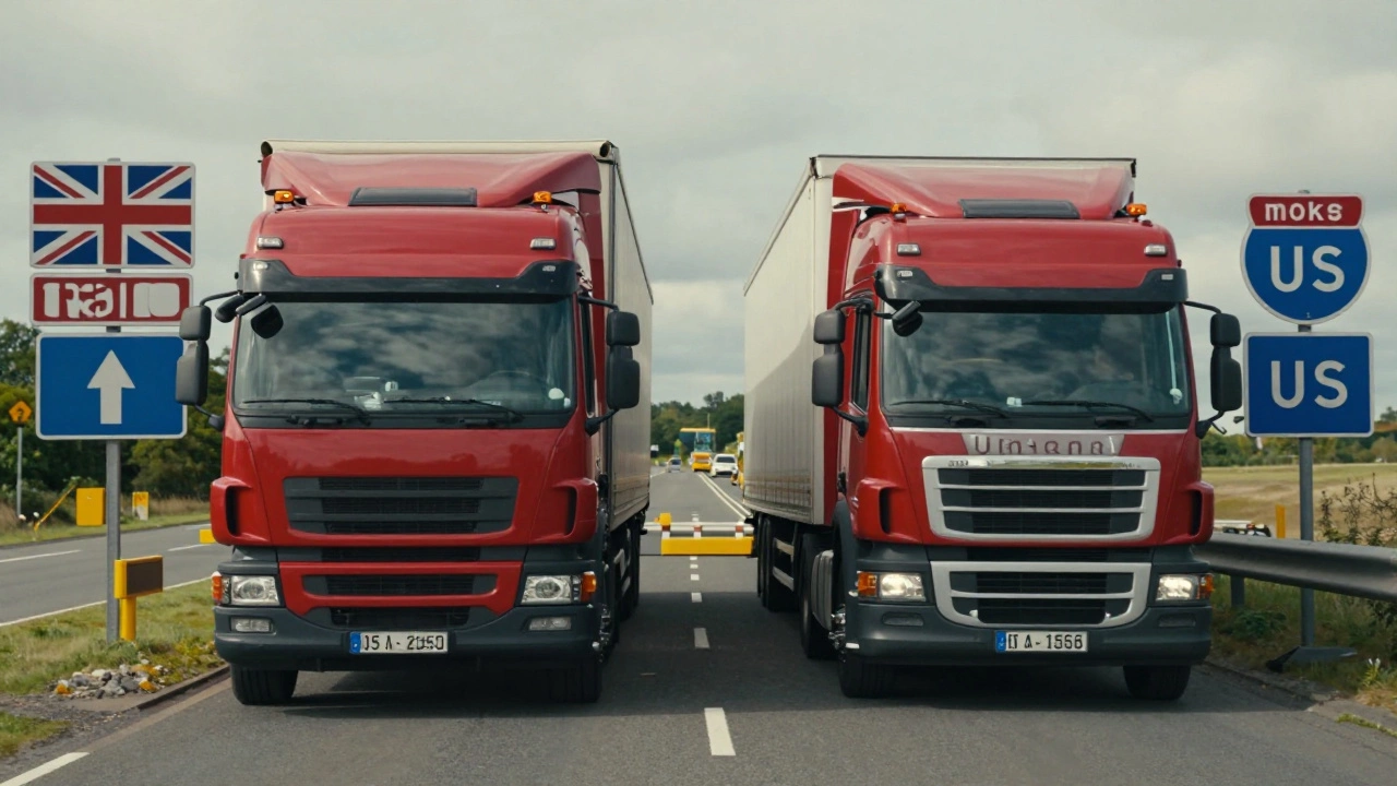 A British HGV lorry and American semi-truck parked side by side at a border with different road signs.