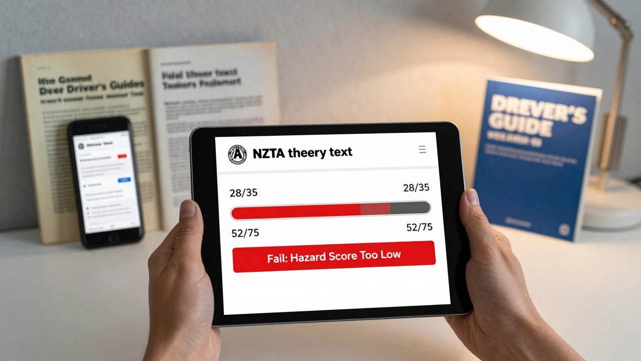 A tablet showing a failing theory test score with outdated and updated driver guides side by side.