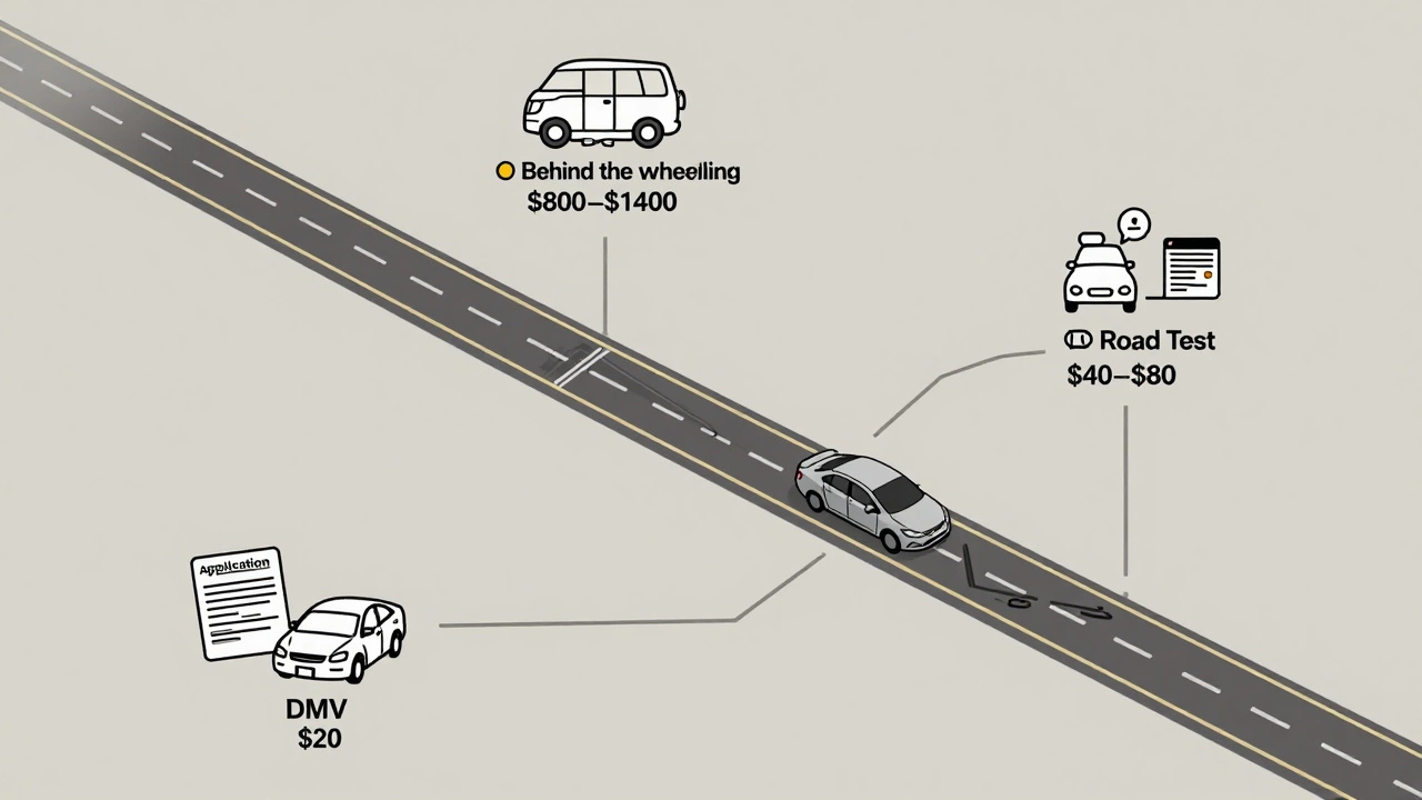 A visual roadmap showing the breakdown of costs for obtaining a driver’s license in the US.