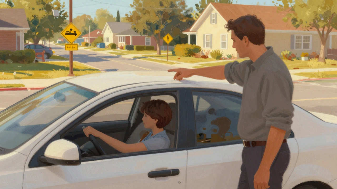 A young student learns to check mirrors and steer during their first professional driving lesson in a suburban neighborhood.