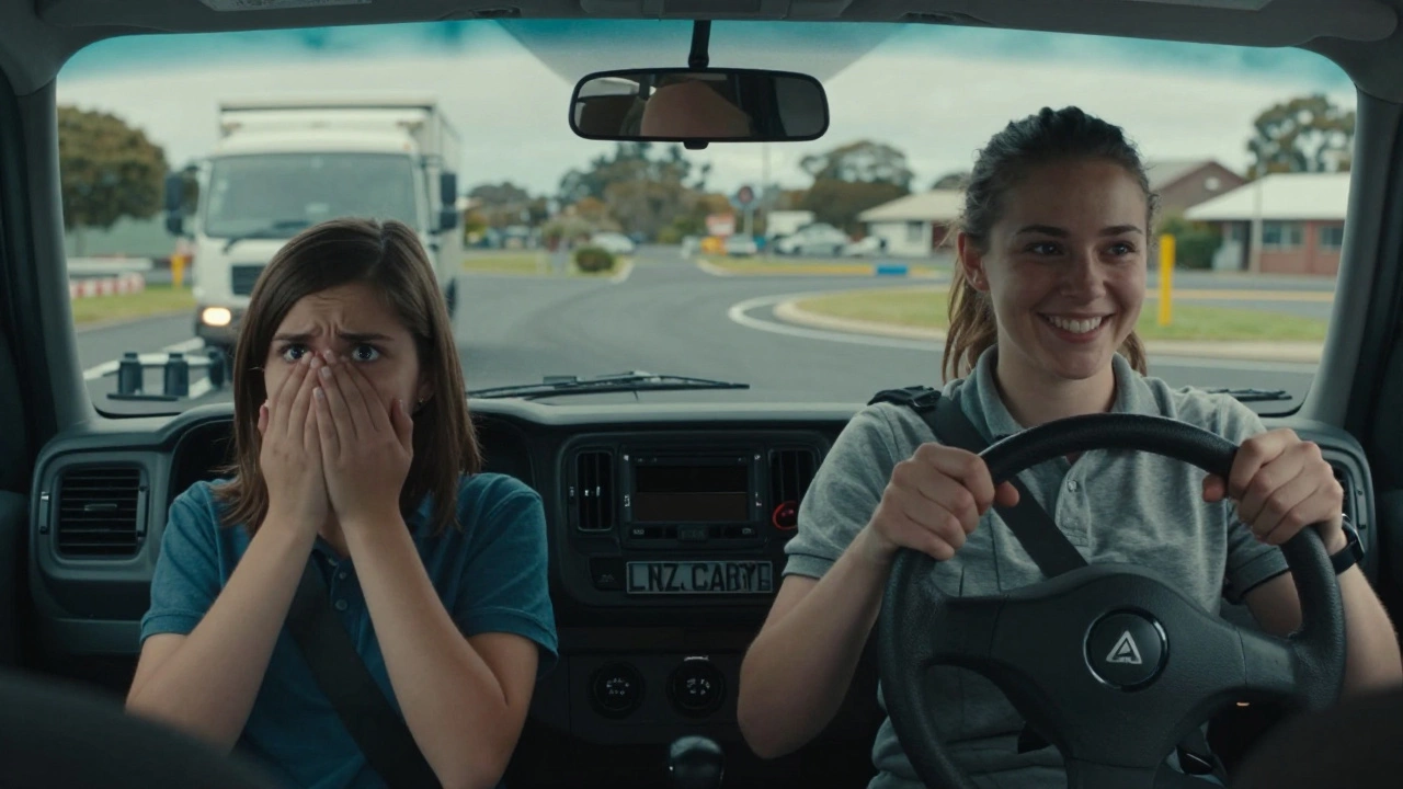 Before and after scene of a learner navigating a roundabout, showing growing confidence over time.