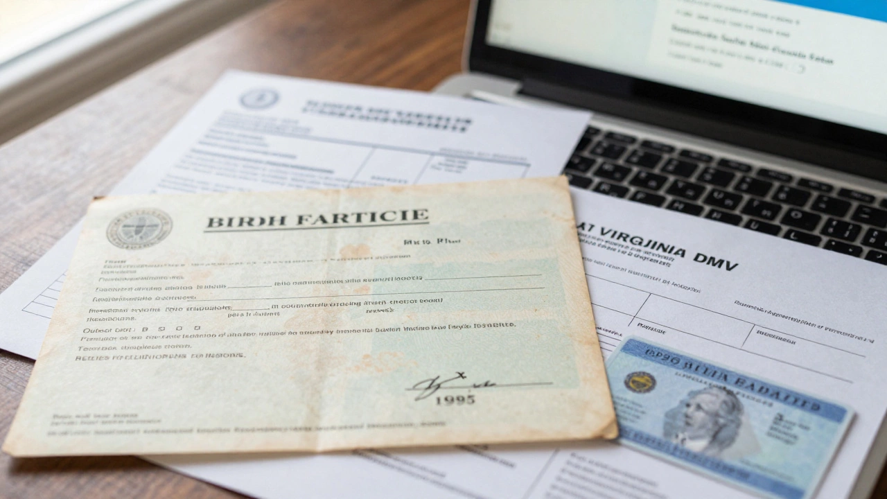 Close-up of expired birth certificate, utility bill, and Social Security replacement form on desk.
