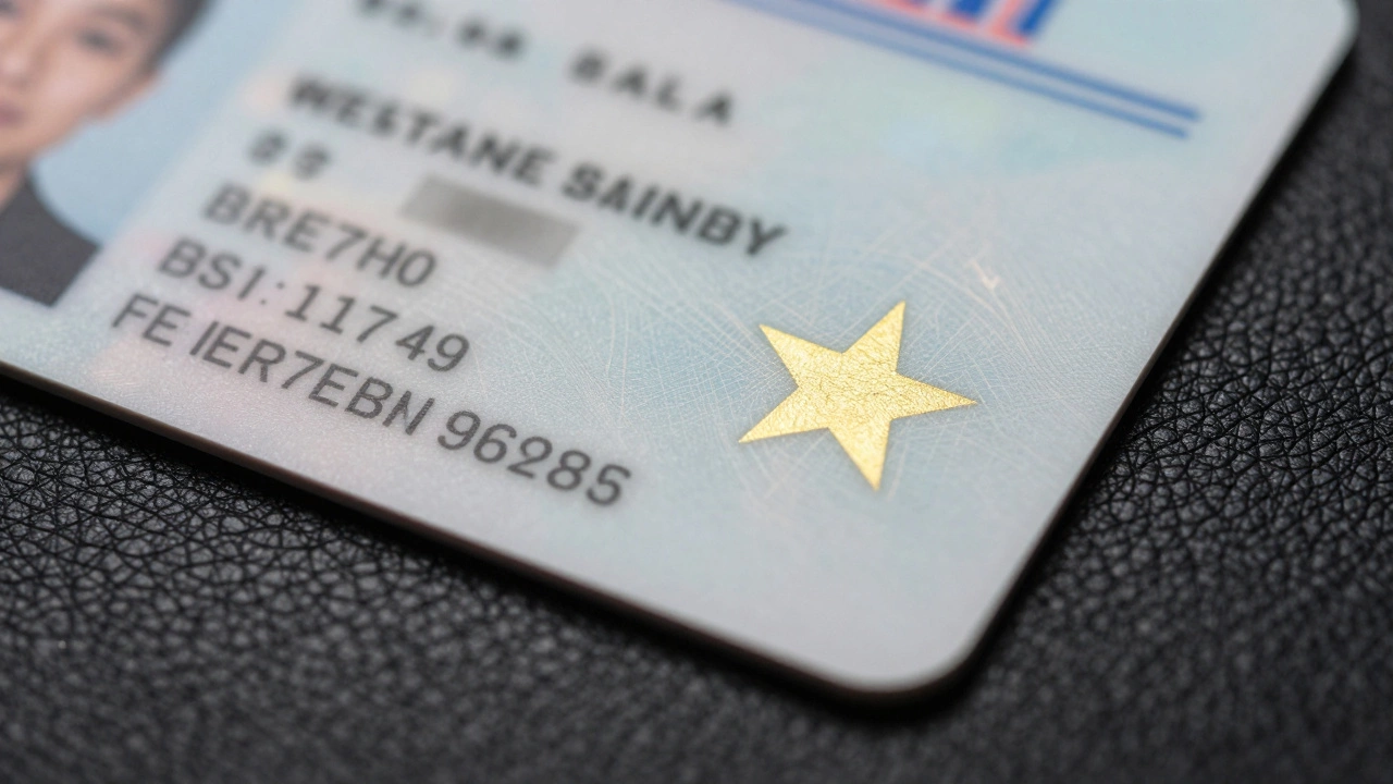 Close up view of state ID card featuring gold star compliance symbol