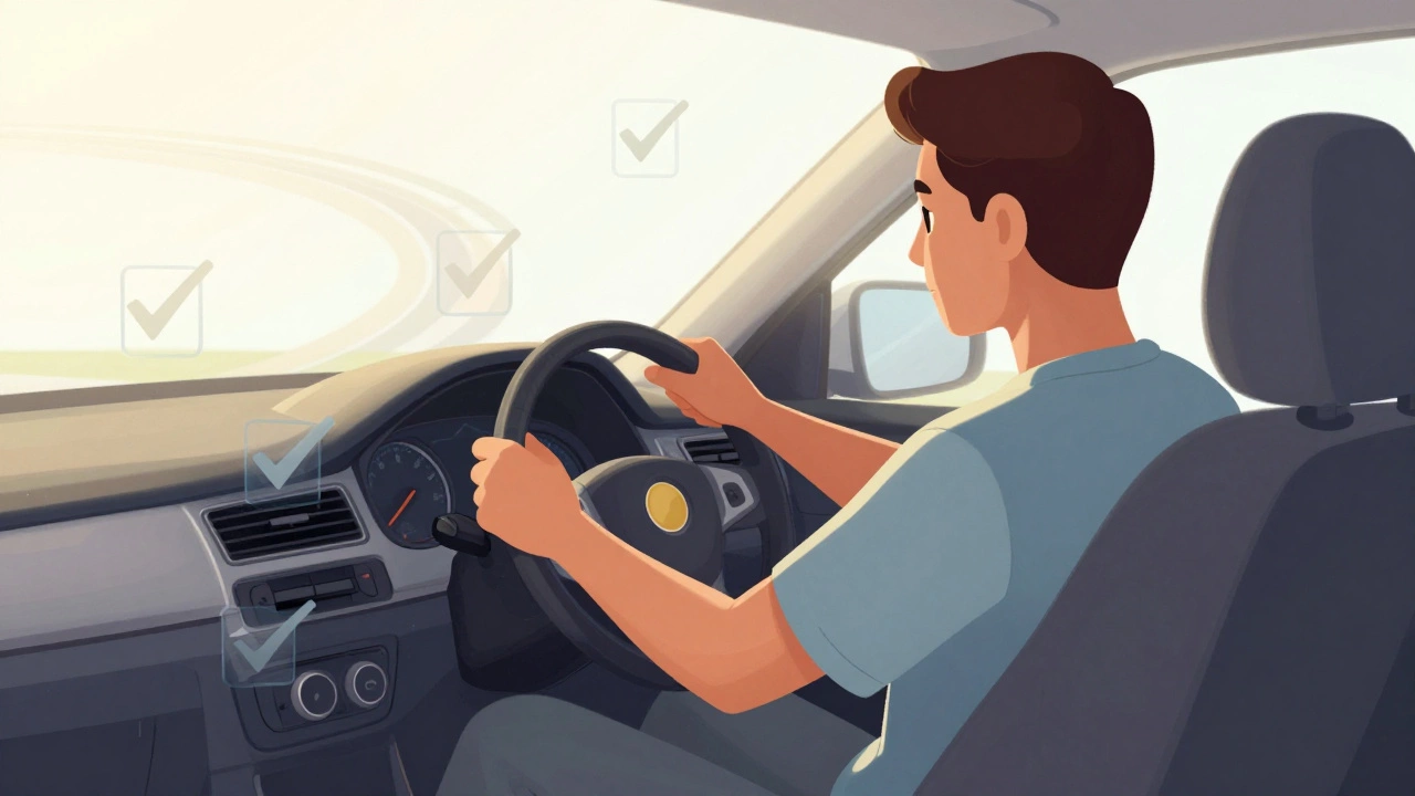 Confident driver navigating a roundabout with subtle checkmarks indicating safe driving actions.