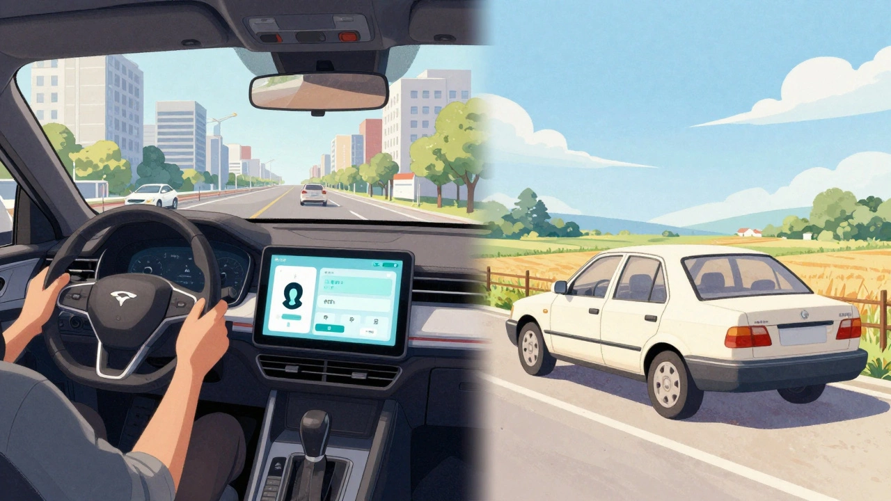 Contrasting urban and rural driving lessons with different vehicles and environments side by side.