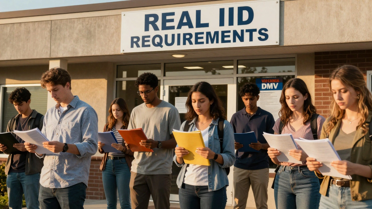 Diverse group waiting in line outside Virginia DMV office with 'REAL ID REQUIREMENTS' sign.