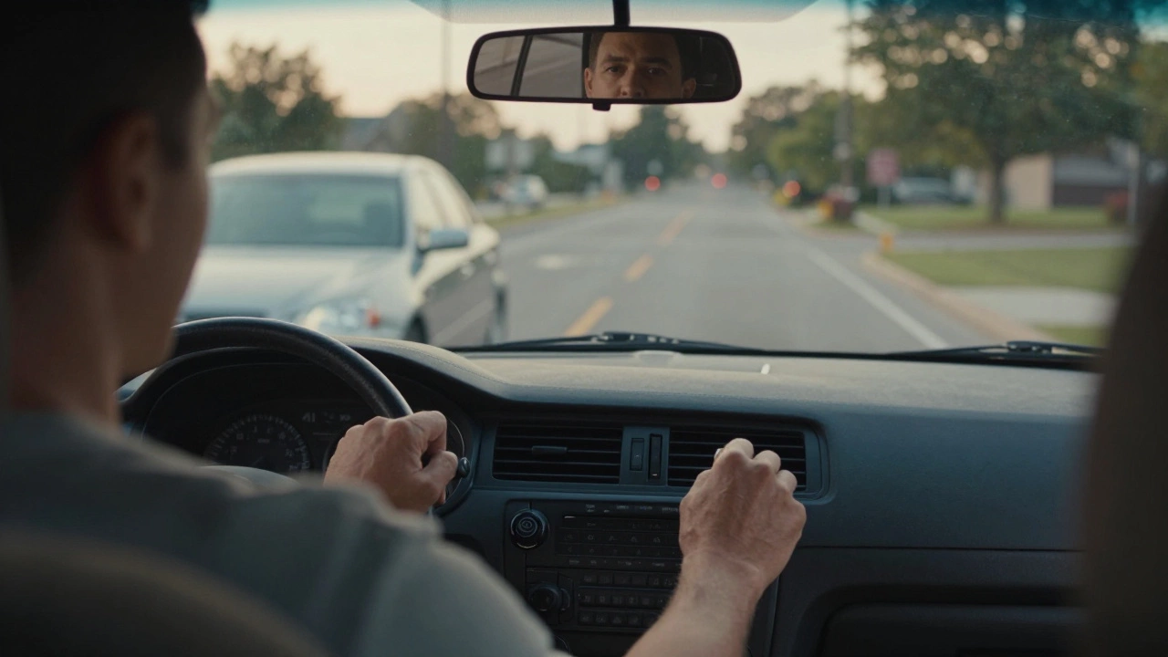 Driver calmly finishes parallel parking, car aligned within 12 inches of curb, peaceful expression.