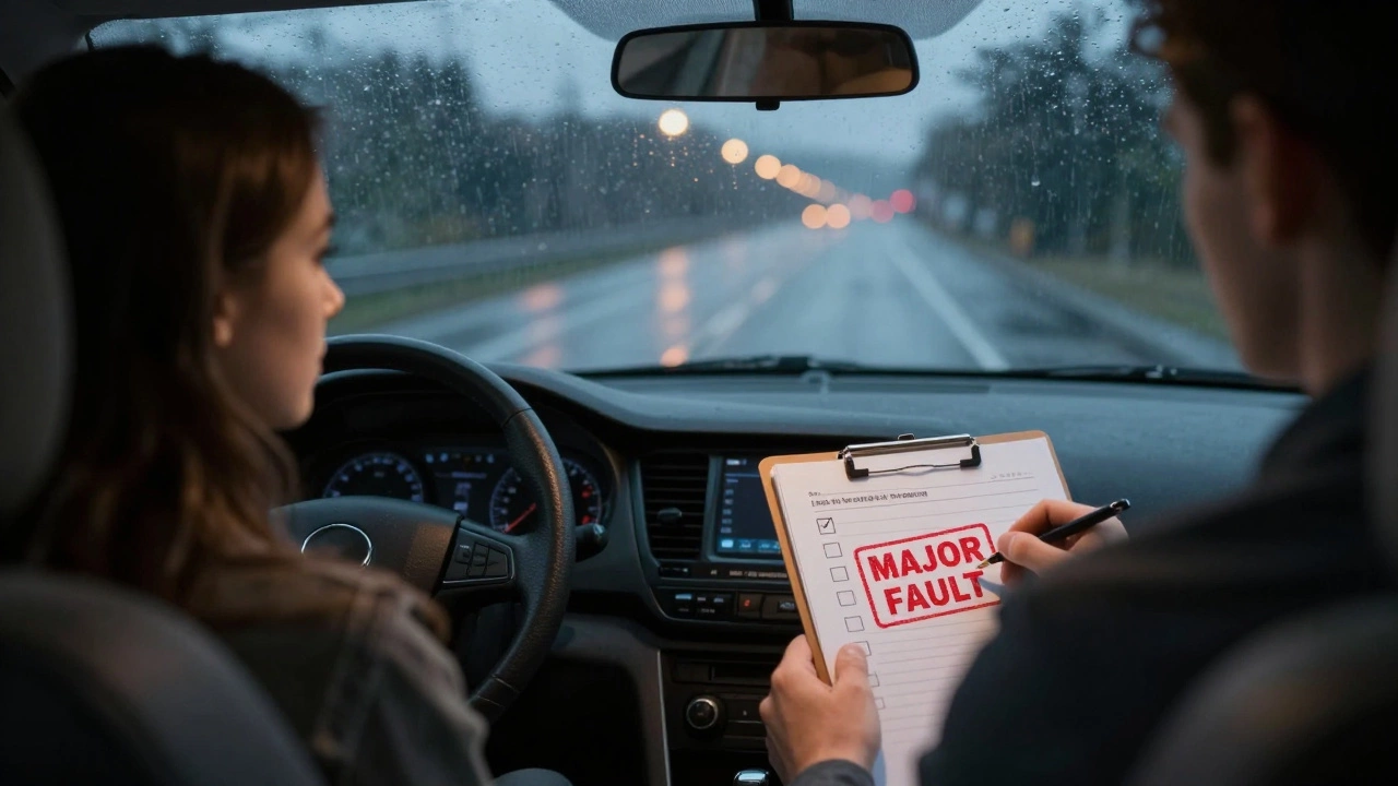 Driving instructor marking a major fault during a mock test, rain visible through car window.