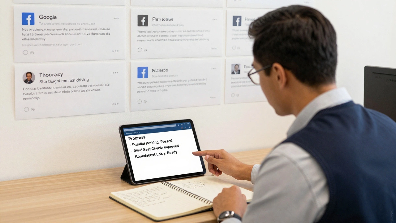 Driving instructor reviewing a student's progress checklist on a tablet, with real student reviews visible on a wall.