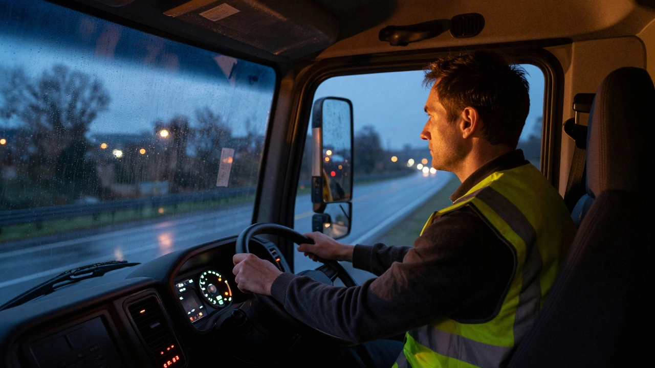 Focused truck driver checking mirrors inside cabin at night