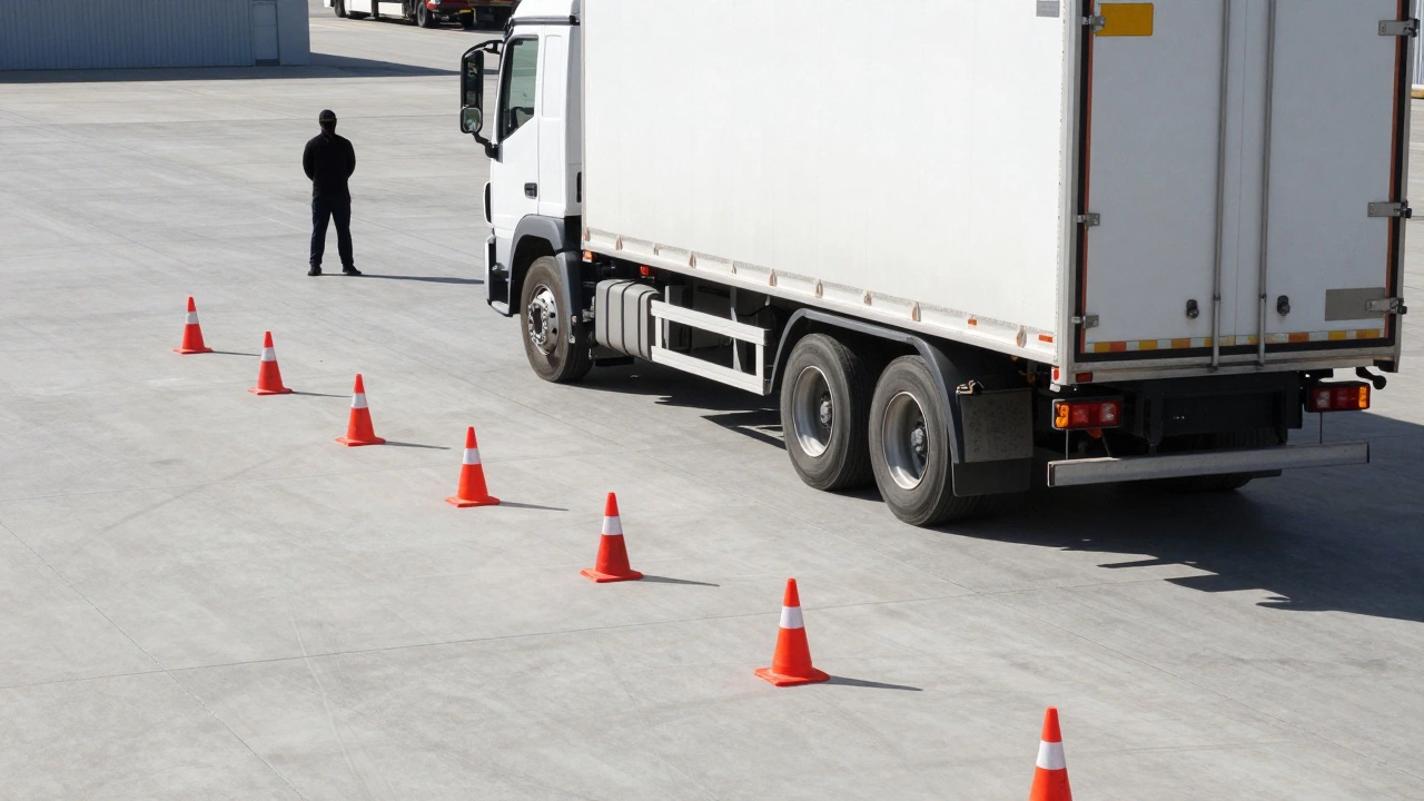 Heavy truck maneuvering through yellow cones in training yard