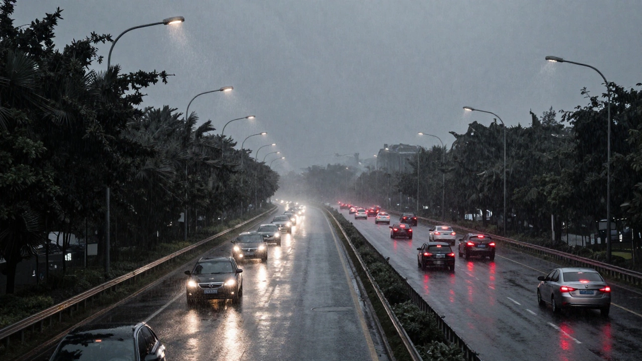 Highway in storm conditions with reduced visibility from rain