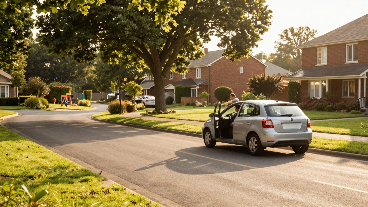 Quiet residential street during sunny hours suitable for driving practice