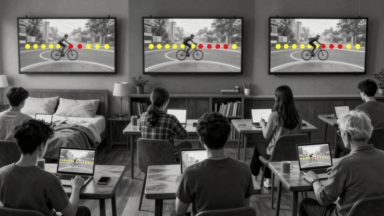 Three people reacting to the same hazard clip at different times, visualized with colored timing dots on screens.