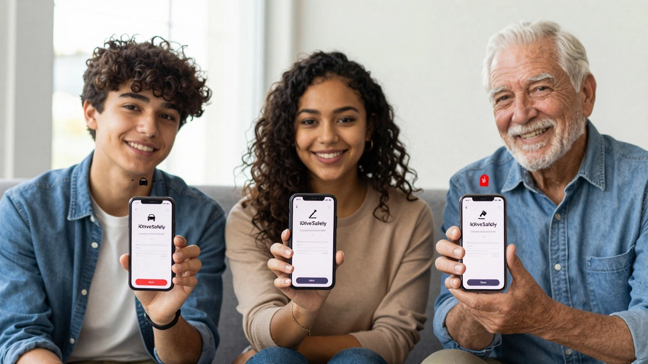 Three Virginians holding phones with iDriveSafely completion emails, symbolizing point reduction, ticket dismissal, and insurance discount.