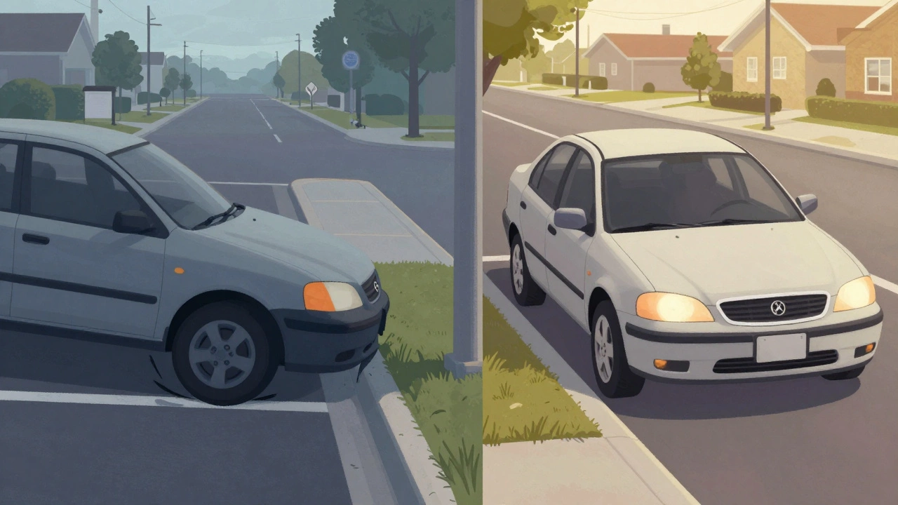Two side-by-side parking outcomes: one with a hard curb hit, one smooth and controlled.