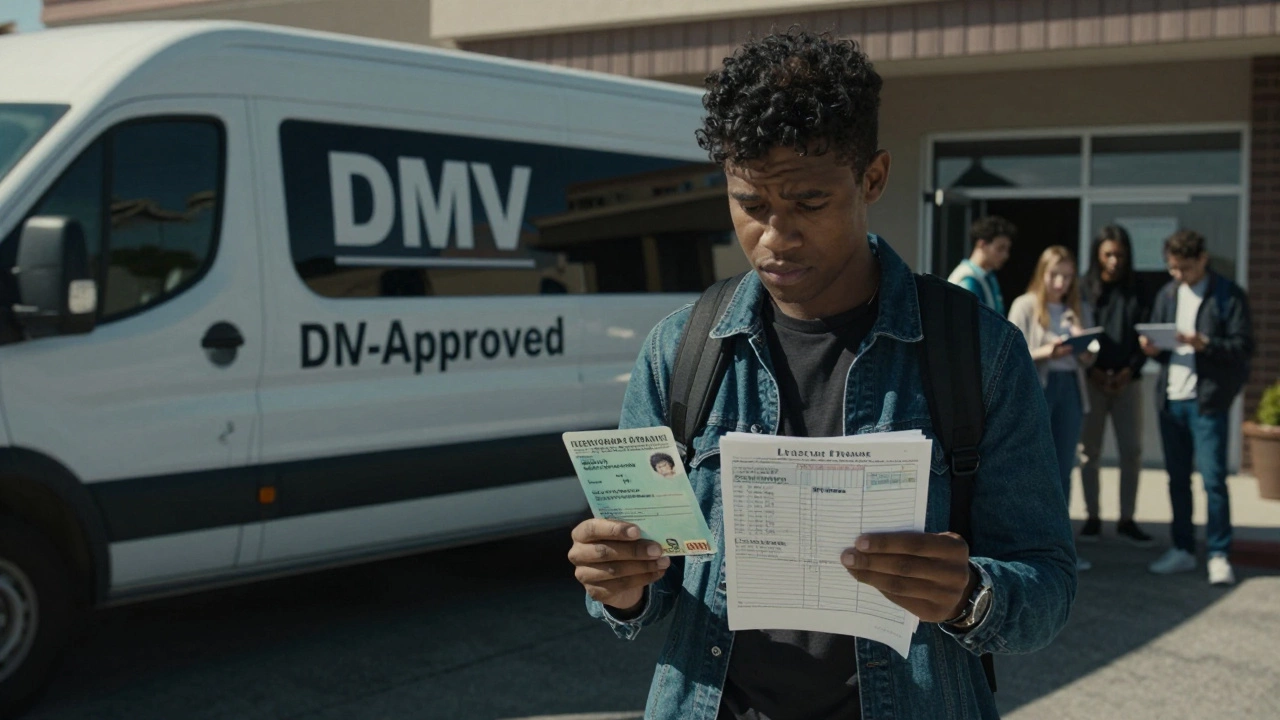 Young adult holding learner's permit and practice logs outside DMV, looking overwhelmed as driving school van departs.