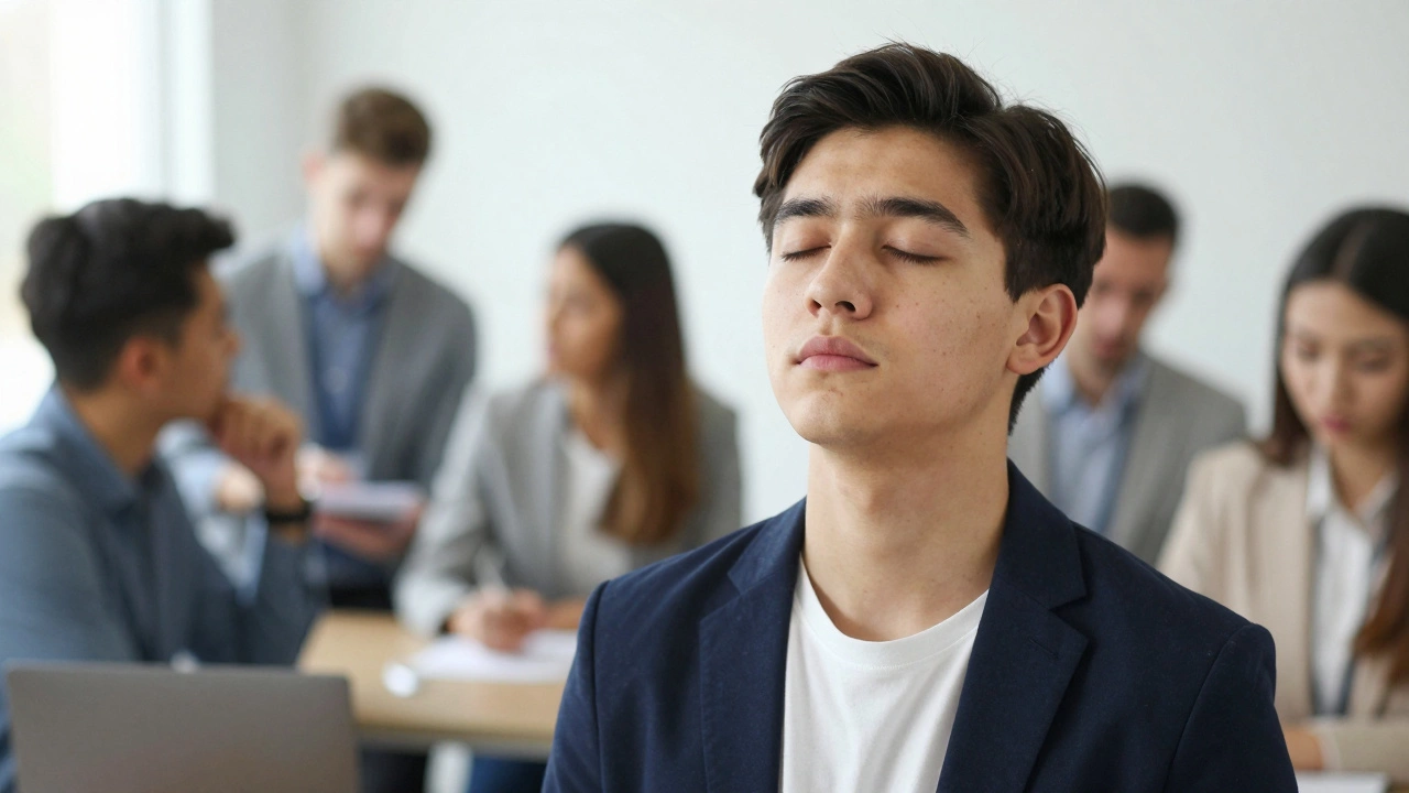 A calm student taking a deep breath outside a driving test center.