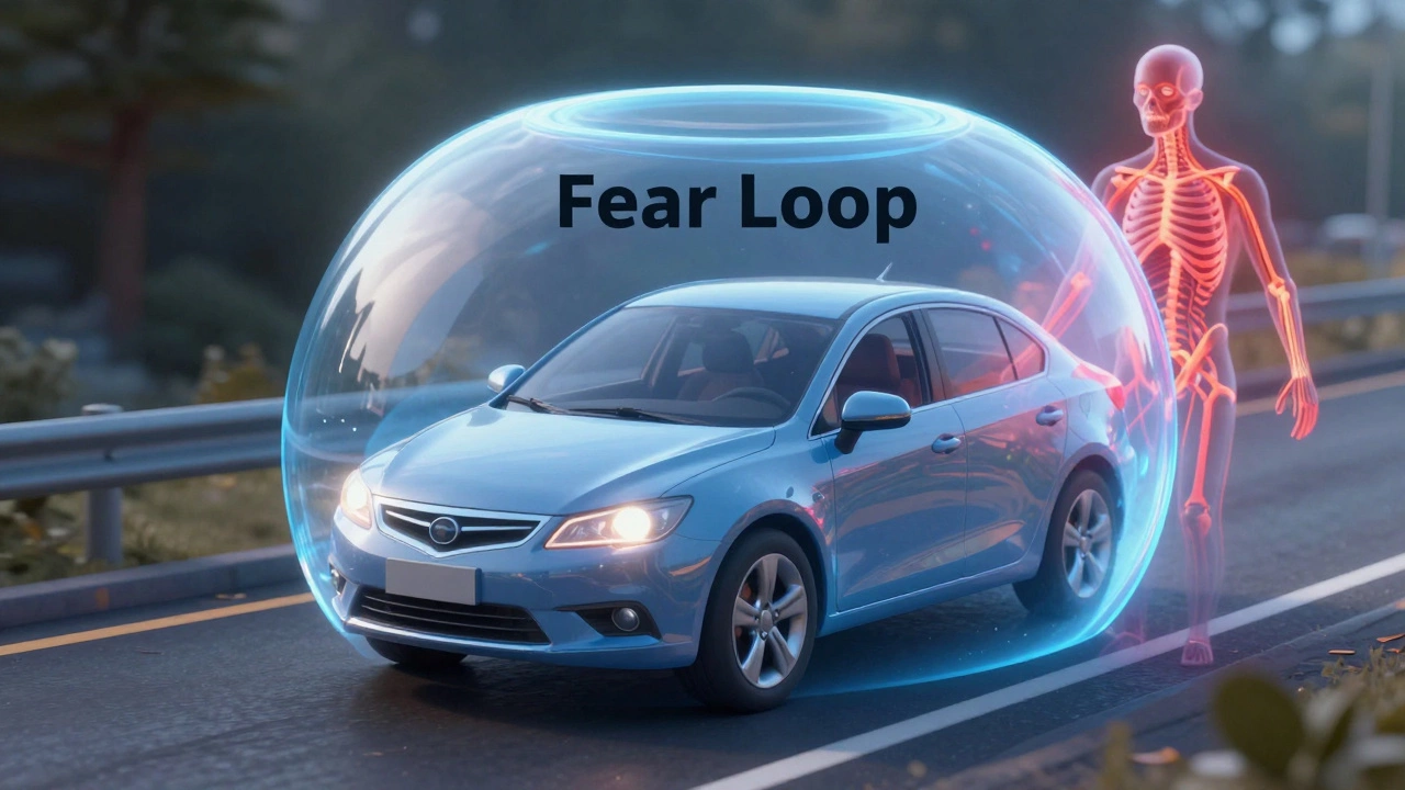 A car inside a distorting bubble with a glowing red nervous system symbolizing driving anxiety.