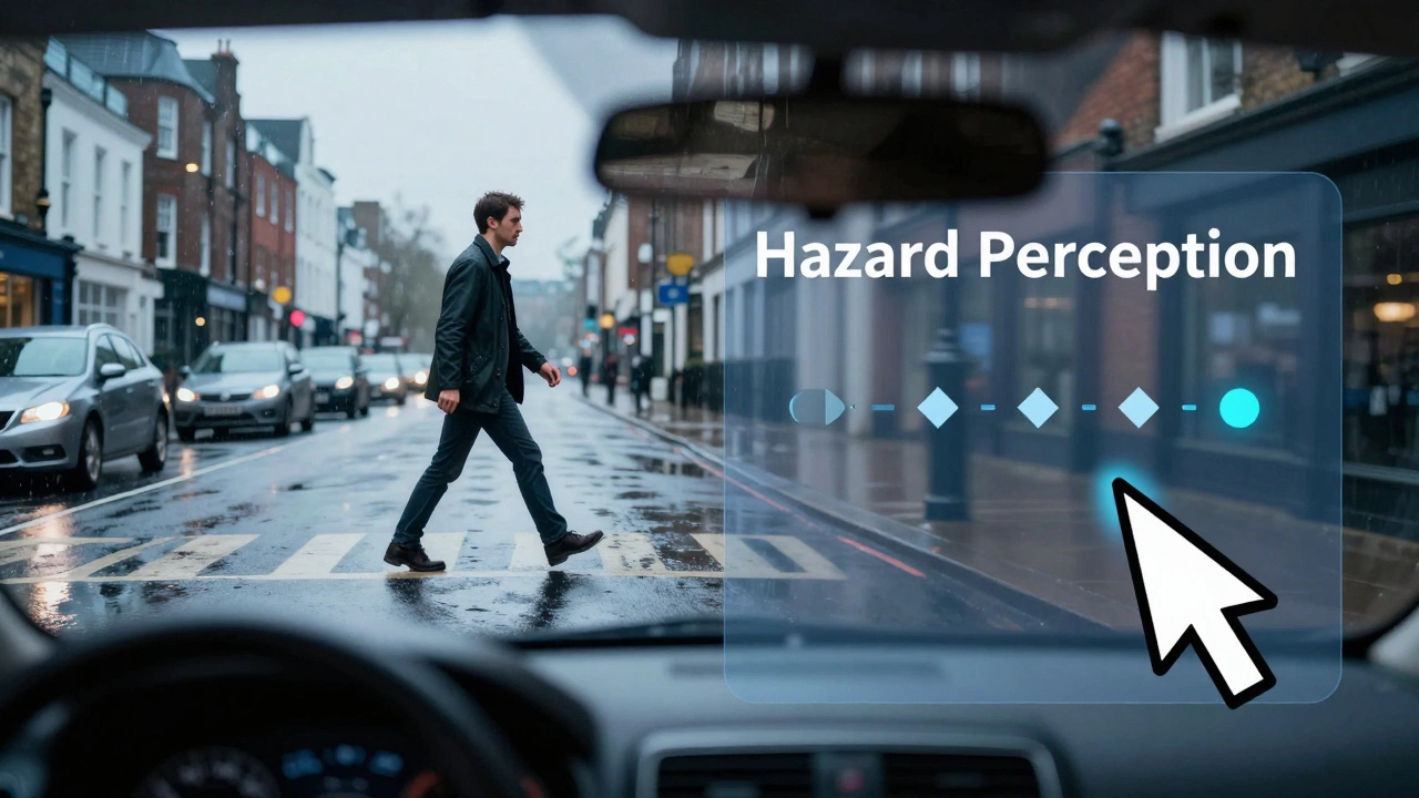 A first-person view of a street hazard with a digital interface overlay.