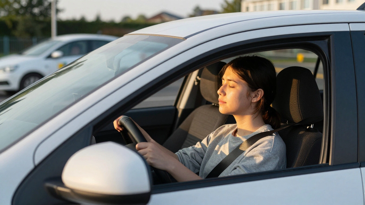 A nervous but determined learner driver breathing deeply outside a test center