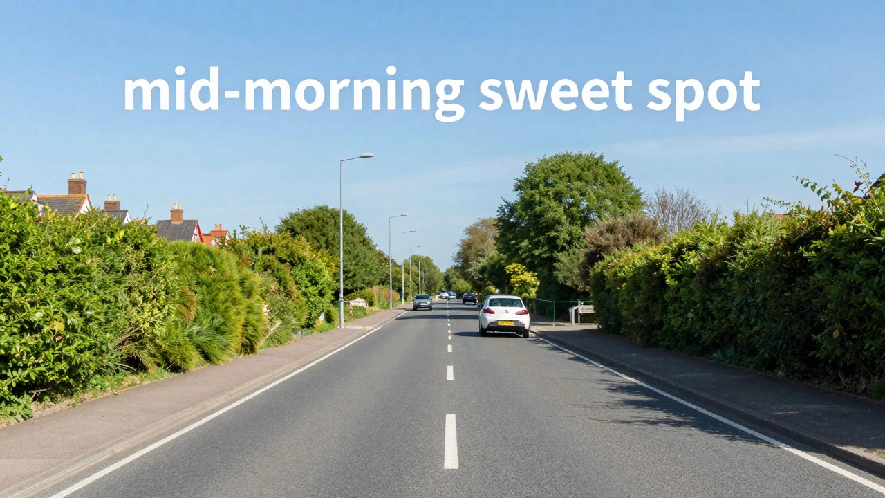 A quiet, clear suburban road in the UK during a calm mid-morning period