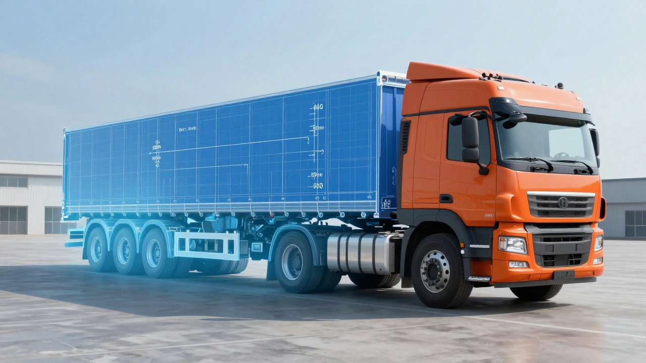 A technical blueprint of a heavy truck transitioning into a real vehicle in a training yard