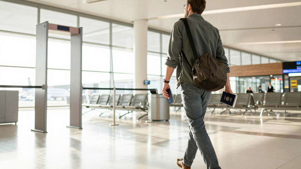 A traveler walking through an airport terminal holding a passport