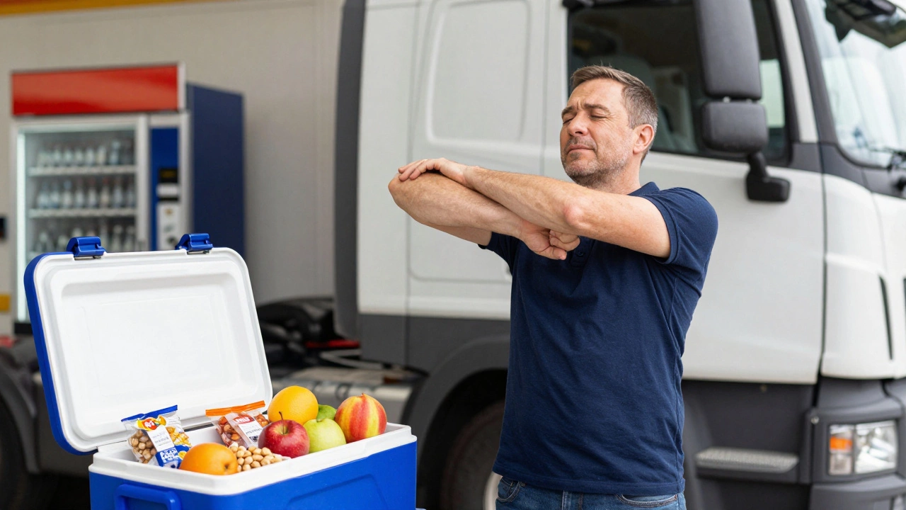 A truck driver stretching and eating healthy snacks during a break at a service station.