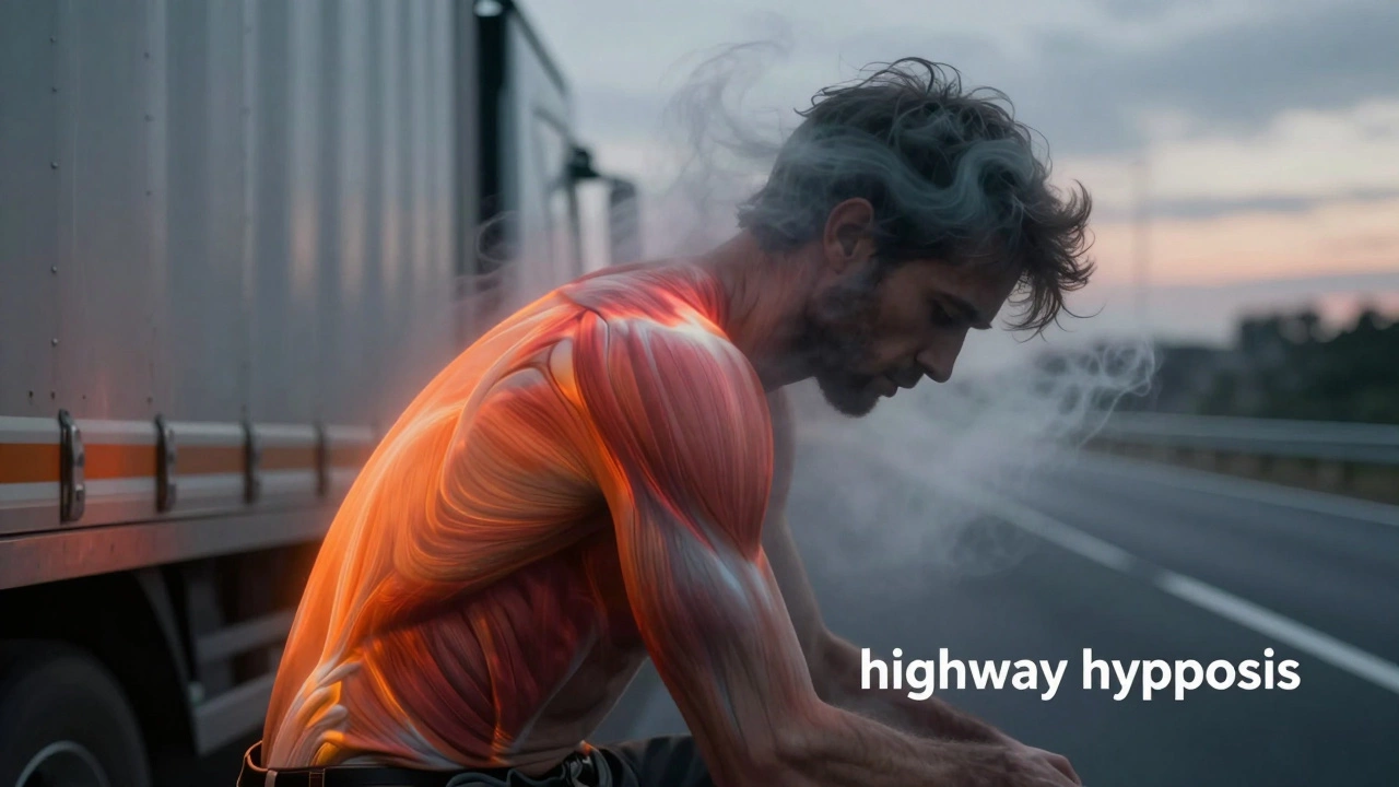Artistic representation of a truck driver experiencing muscle fatigue and mental fog.