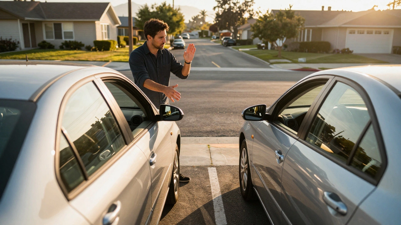 Car practicing parallel parking in a California neighborhood with an instructor guiding from outside